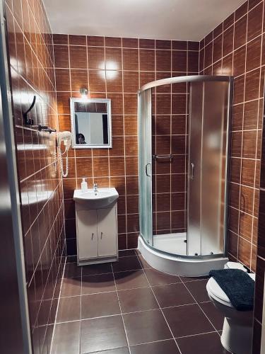 a bathroom with a shower and a toilet and a sink at Pensjonat Nowy Młyn in Kostrzyn nad Odrą