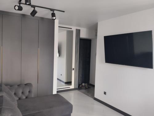 un soggiorno con un divano e una televisione su una parete di Balka-centr Tiraspol a Tiraspol