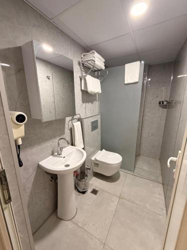 a bathroom with a sink and a toilet and a shower at Balkan Palace Edirne in Edirne