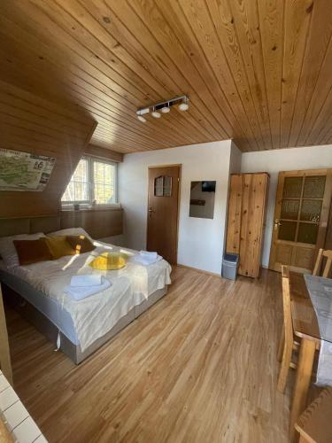 a large bedroom with a bed and wooden ceilings at Agroturystyka Leśny Zakątek in Stryszawa