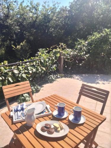 a wooden table with plates of food on it at Hillside Haven in Sutorina