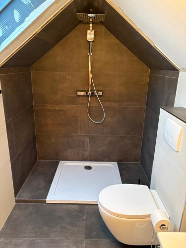 a small bathroom with a toilet and a shower at Schwalbennest Flensburger Förde in Westerholz