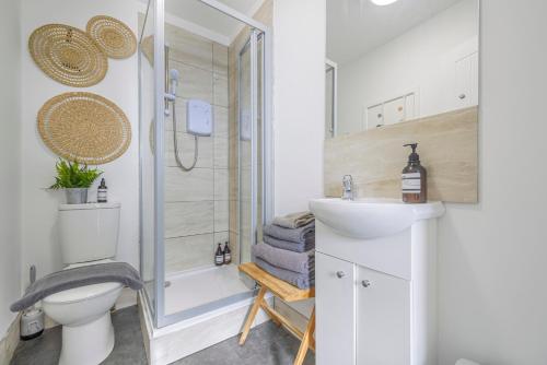 a bathroom with a sink and a toilet and a shower at New The Barley Rustic luxury in Cirencester