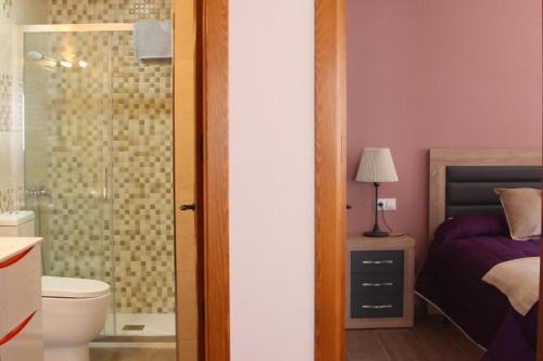 a bathroom with a shower and a toilet and a bed at Apartamentos Aldeas de Pontones in Pontones