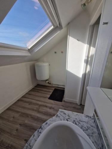 a bathroom with a toilet and a skylight at Cozy studio Libourne Train station within walking distance in Libourne