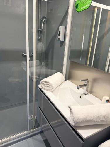 a bathroom with a sink and a shower at Hôtel&Restaurant HDLV climatisées in Ornans