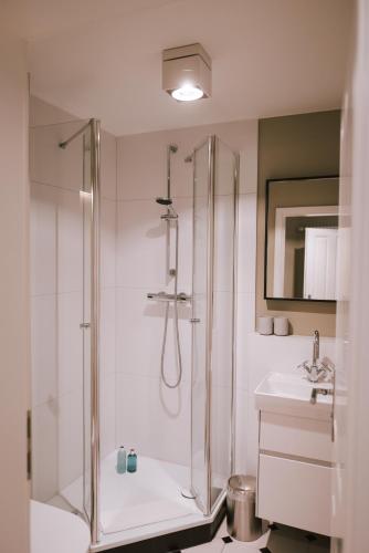 a bathroom with a shower and a sink at Sünn un See - Hortensienblick in Ahrenshoop