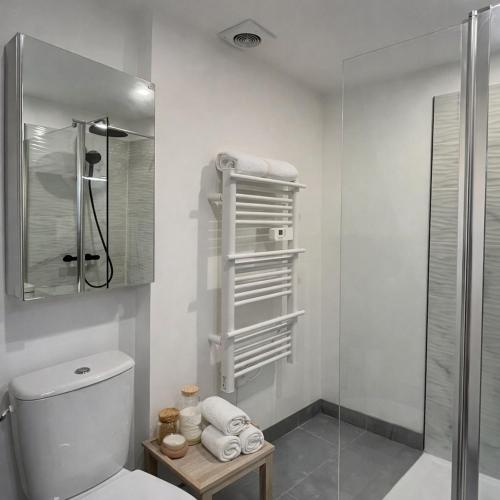 a white bathroom with a shower and a toilet at Instant Angers Hyper Centre in Angers