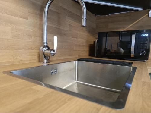 a stainless steel sink in a kitchen with a microwave at Alexander Lodge in Isolaccia