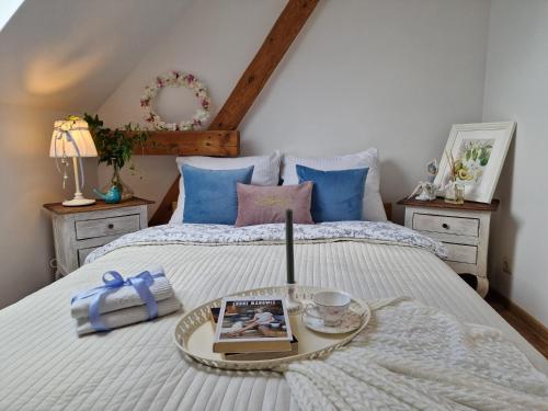 a bed with a tray with a book on it at Mazurski Apartament in Snopki