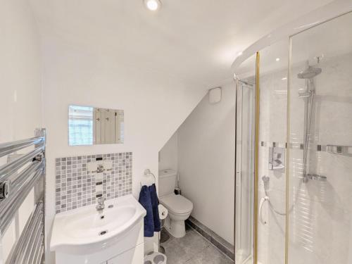 a white bathroom with a shower and a toilet at Fewhurst Cottage - Billingshurst in Billingshurst