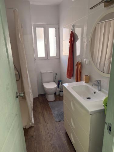 a bathroom with a sink and a toilet and a mirror at Casa Alicante Central Apartment with AC 4th floor no elevator in Alicante