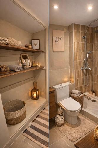 two pictures of a bathroom with a toilet and a shower at La Romance in Acy-Romance