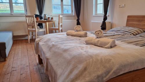 a bedroom with two beds with pillows on them at Apartmány Včelín in Brniště