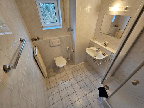 a bathroom with a toilet and a sink at Hotel BURGWALD in Passau