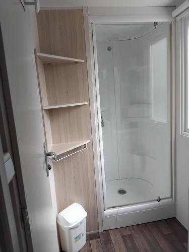 a bathroom with a shower and a white toilet at Escapade aux Peupliers in Vironchaux