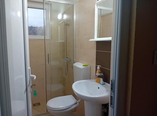 a bathroom with a toilet and a sink and a shower at Beachfront Sunset Apartments Sutomore in Brca