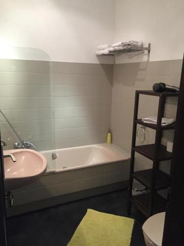 a bathroom with a tub and a sink and a shelf at Studio Girofle dans Maison d'hôtes L'écrin des Saveurs in Schwenheim