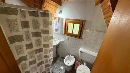 a small bathroom with a toilet and a sink at Complejo Aiken in Villa Traful