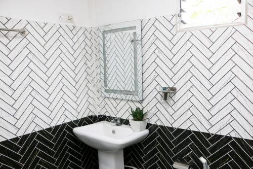 a bathroom with a white sink and a mirror at Ivy Cottage- Midigama in Midigama East
