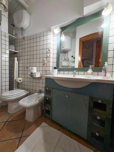 a bathroom with a sink and a toilet and a mirror at Milion's House Apartments in Minori