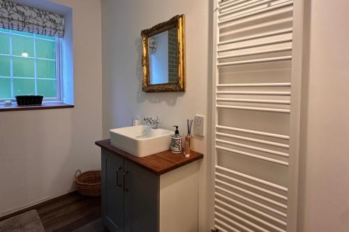a bathroom with a sink and a mirror at Pets - Garden - Parking - Sleeps up to 4 - Hiking in Banchory