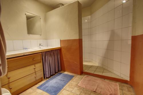 a bathroom with a shower and a sink at Gîtes de Peyrounou in Lacapelle-Biron