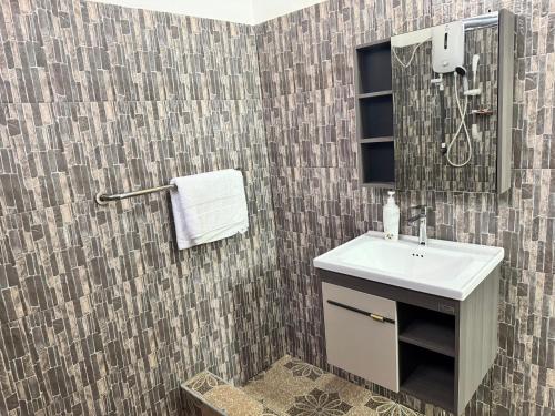 a bathroom with a sink and a mirror at The Petrance Apartment in Cape Coast