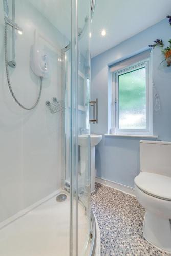 a bathroom with a shower and a toilet and a window at 2 Bed in Penzance oc-pc467 in Gulval