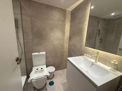 a bathroom with a sink and a toilet and a mirror at Madrid Modern Studio with Terrace & Parking in Madrid