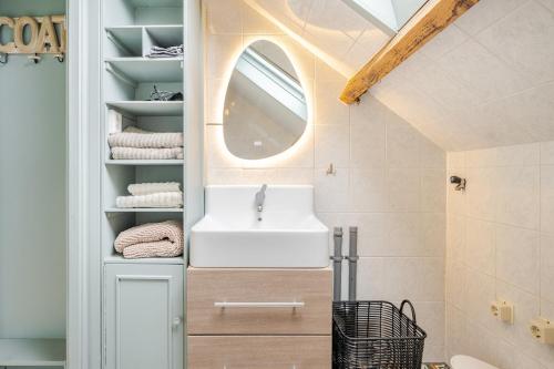 a bathroom with a sink and a mirror at Bij Parels landelijk overnachten in het groen in Velserbroek