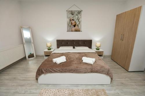 a bedroom with a large bed with two pillows at Danser Residence Reșița in Reşiţa