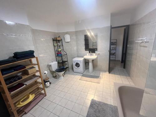 a bathroom with a sink and a toilet and a shower at Vazaha grand et bel appartement classé 3 étoiles in Lavelanet