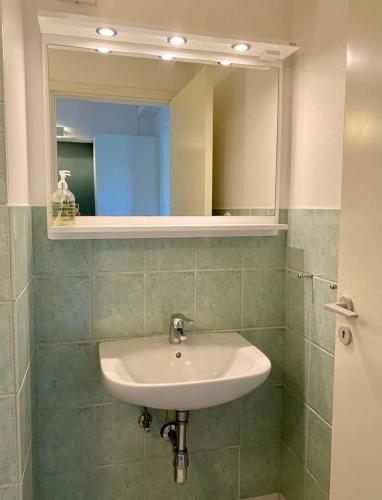 a bathroom with a sink and a mirror at Nygaard Livsnyderi in Læsø
