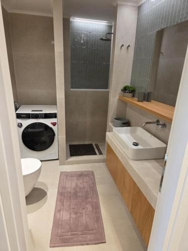 a bathroom with a sink and a washing machine at Karatza's suite 2 in Chios
