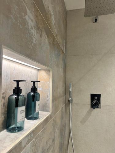 two bottles of soap sitting on a shelf in a bathroom at Casa L'Oliver in Limone sul Garda