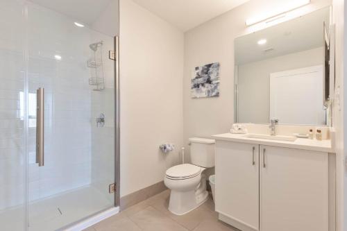 a bathroom with a toilet and a sink and a shower at Private Apt Downtown in Quincy