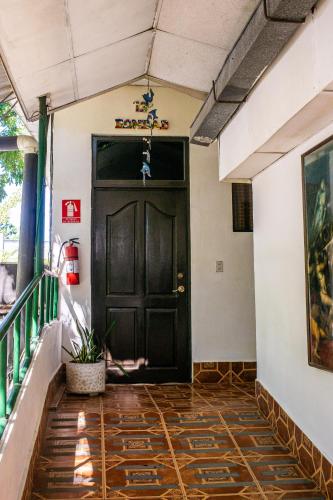 a black door in a hallway with a plant at Hotel Pablo Tesák in San Vicente