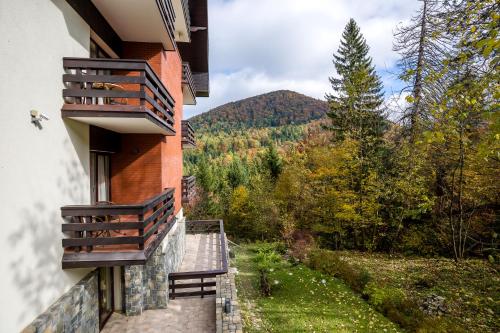 a balcony of a building with a view of a mountain at Hotel Boutique Belvedere in Sinaia