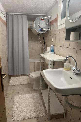a bathroom with a sink and a toilet and a shower at Antonioy Apartment Kalampaka in Kalabaka