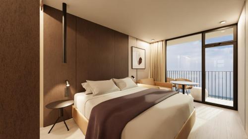 a bedroom with a large bed and a balcony at Resort Cupidon Neptun in Neptun