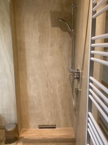 a shower with a shower head in a bathroom at Gästehaus 3-Länderblick-Panoramablick in Mönichkirchen