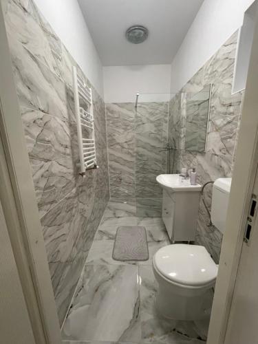 a bathroom with a toilet and a sink at Danser Residence Reșița in Reşiţa