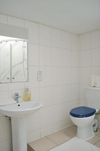 a white bathroom with a toilet and a sink at Perfume Warehouse Stay in London