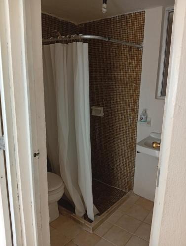 a bathroom with a shower curtain and a toilet at Two-bedroom condo Ground floor in Santa Cruz Huatulco