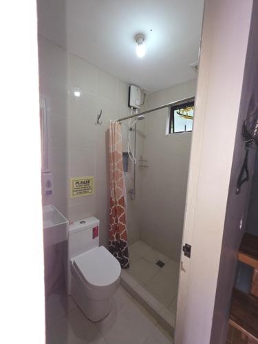 a bathroom with a toilet and a shower at Aloha Aina Dive Resort in Mabini