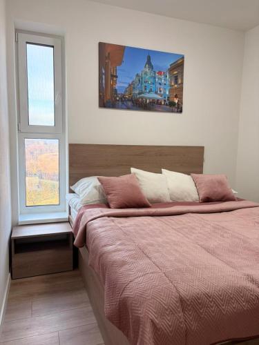 a bedroom with a large bed and a window at Sekvoja view apartment in Nová Baňa
