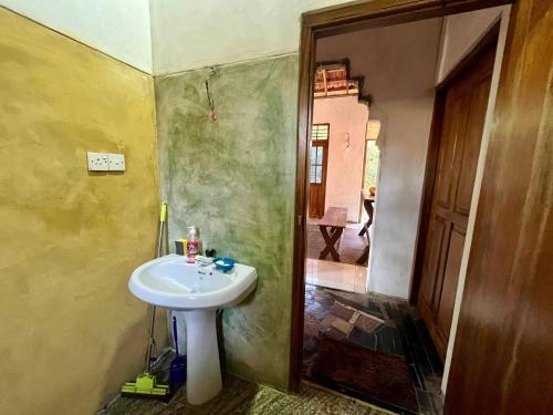 a bathroom with a sink next to a door at Farmhouse Homestay in Negombo