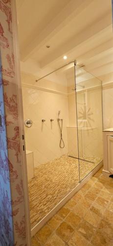 a shower with a glass door in a bathroom at Moulin Notre Dame in Saint-Genès-de-Castillon