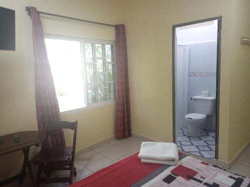 a bathroom with a toilet and a window and a sink at Casa Corozo in Bacalar